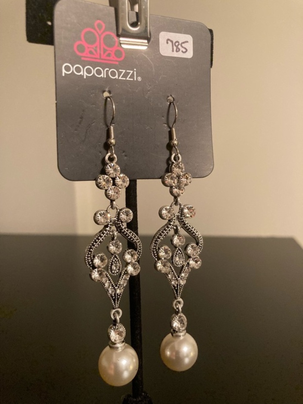 paparazzi Silver Crystal Filigree Pearl Drop Earrings